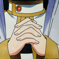 Close-up of a character's hands with a red gemstone on a blue and white background