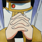 Close-up of a character's hands with a red gemstone on a blue and white background