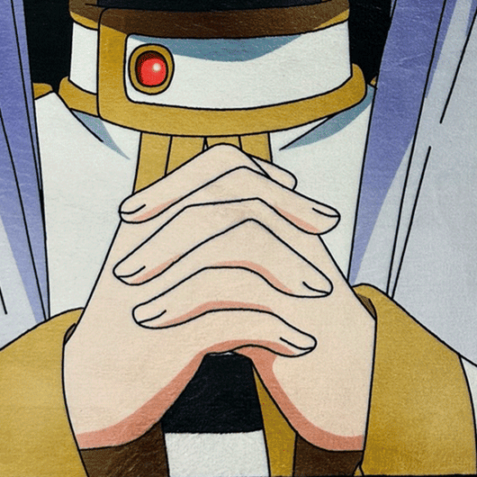 Close-up of a character's hands with a red gemstone on a blue and white background