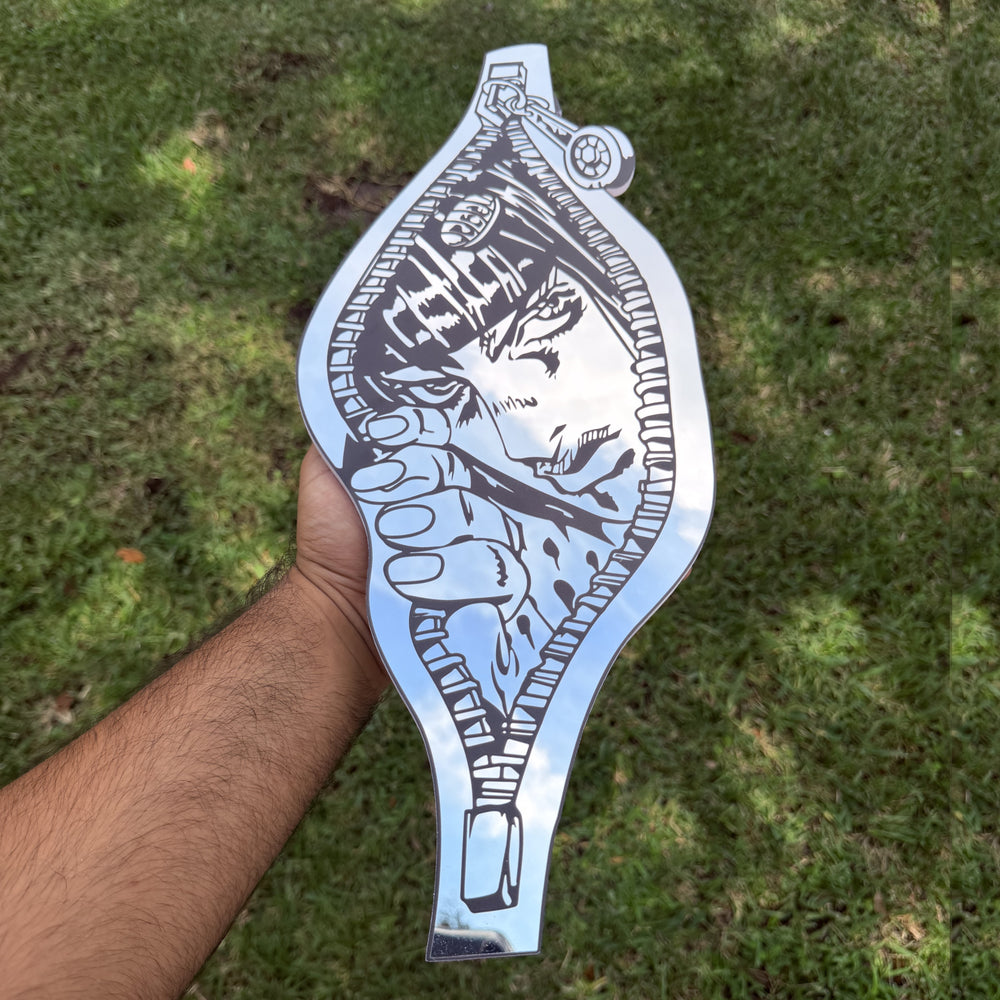 Arrivederci Zipper Mirror, JoJo's Bizarre Adventure wall mirror, held in hand for scale