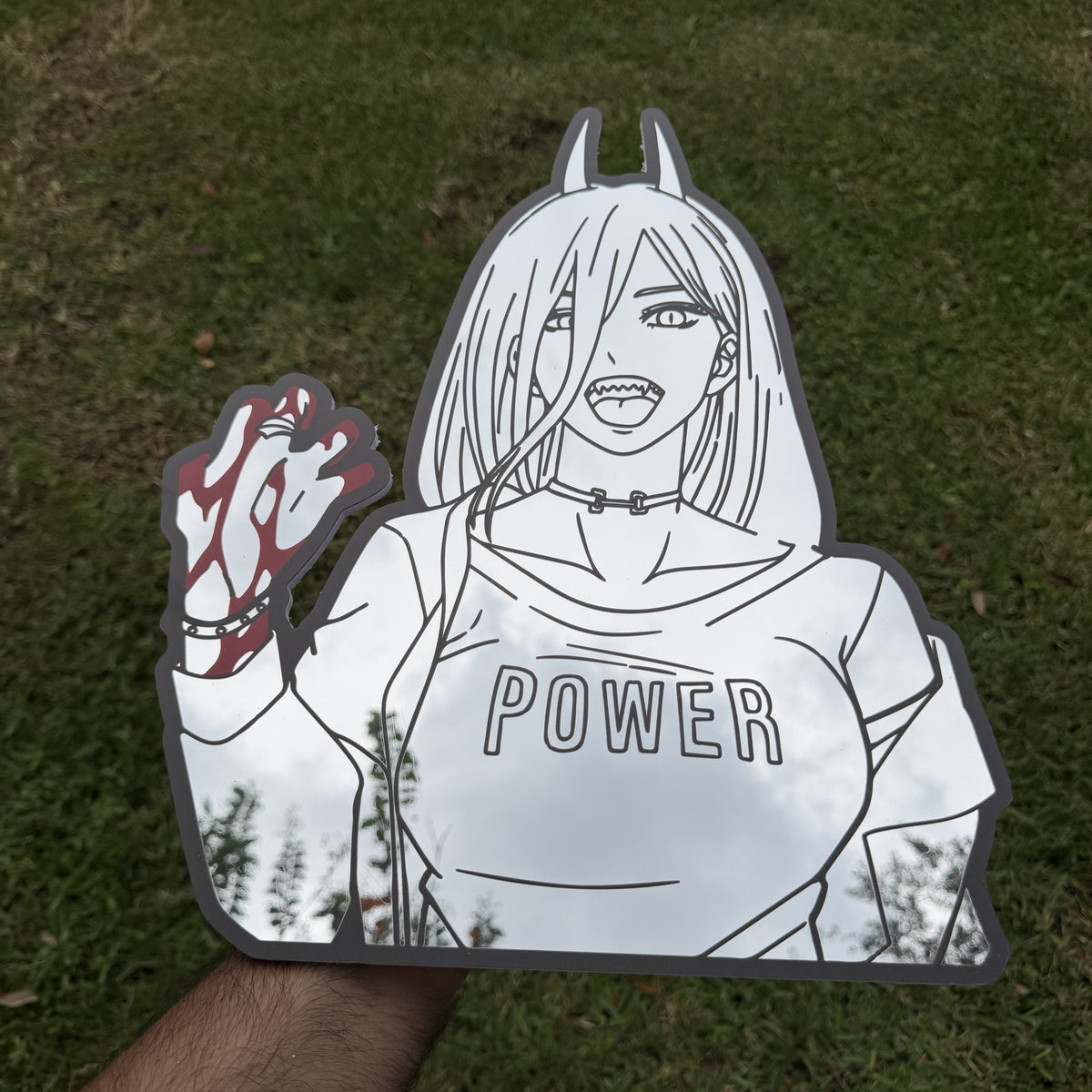 Blood Fiend Mirror, Chainsaw Man wall mirror, held in hand for scale