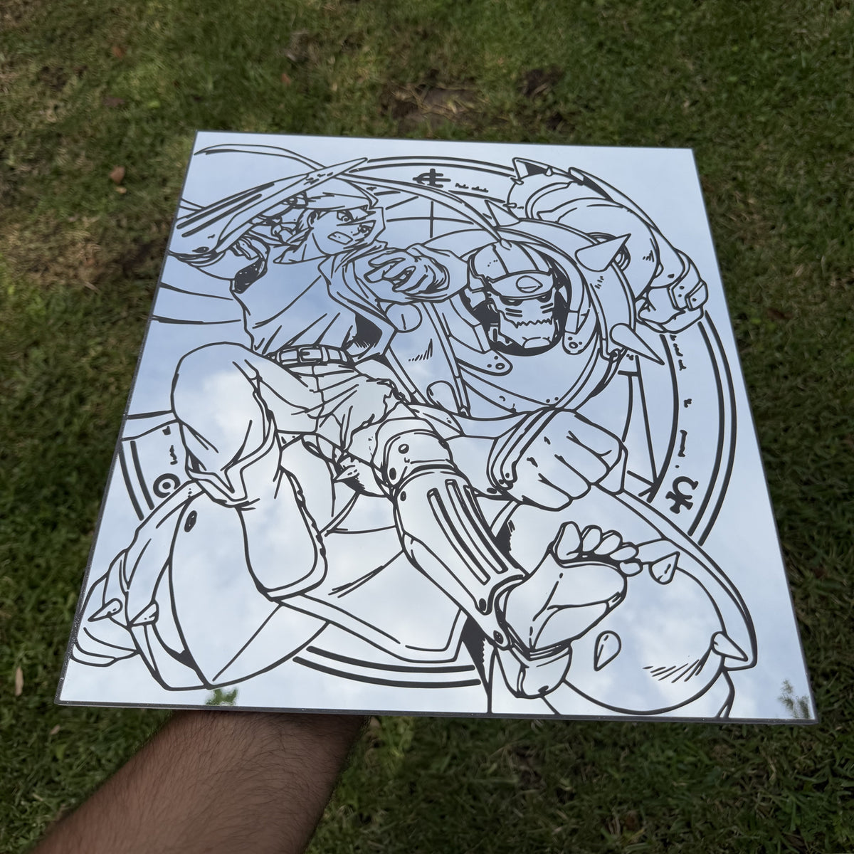 Brothers Of Alchemy Mirror, Fullmetal Alchemist wall mirror, held in hand for scale