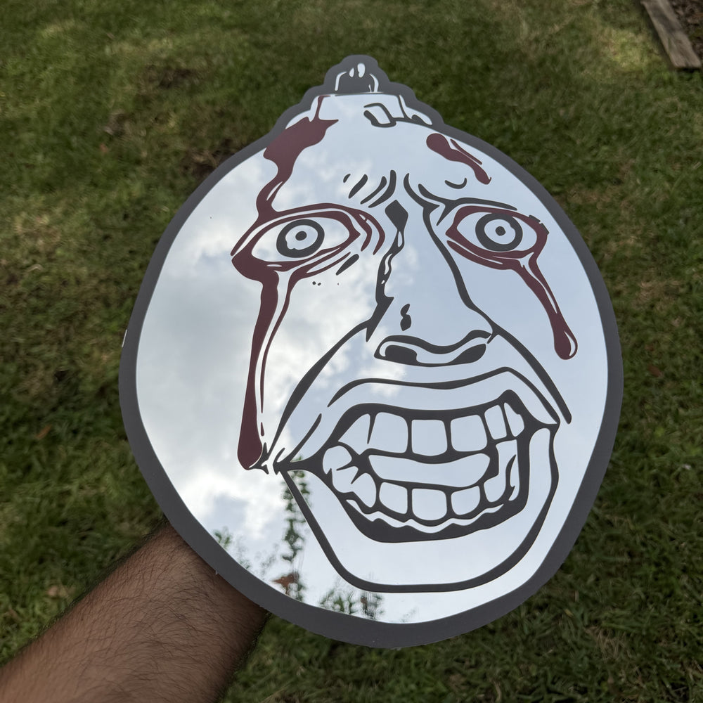 Crimson Behelit Mirror, Berserk wall mirror, held in hand for scale