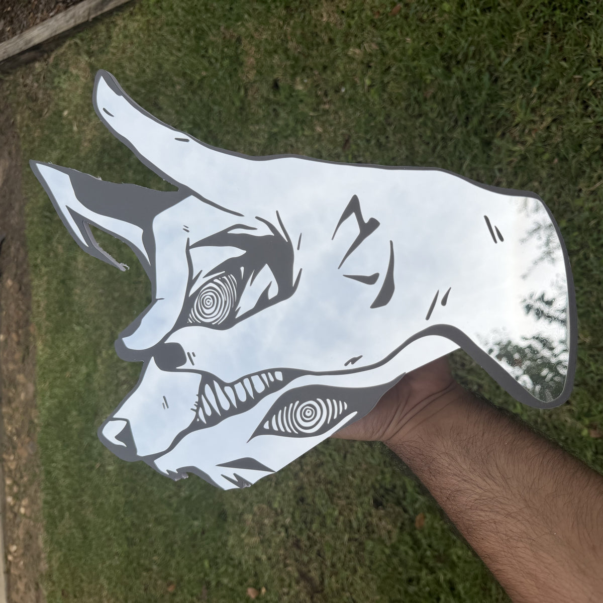 Fox Devil Contract Mirror, Chainsaw Man wall mirror, held in hand for scale