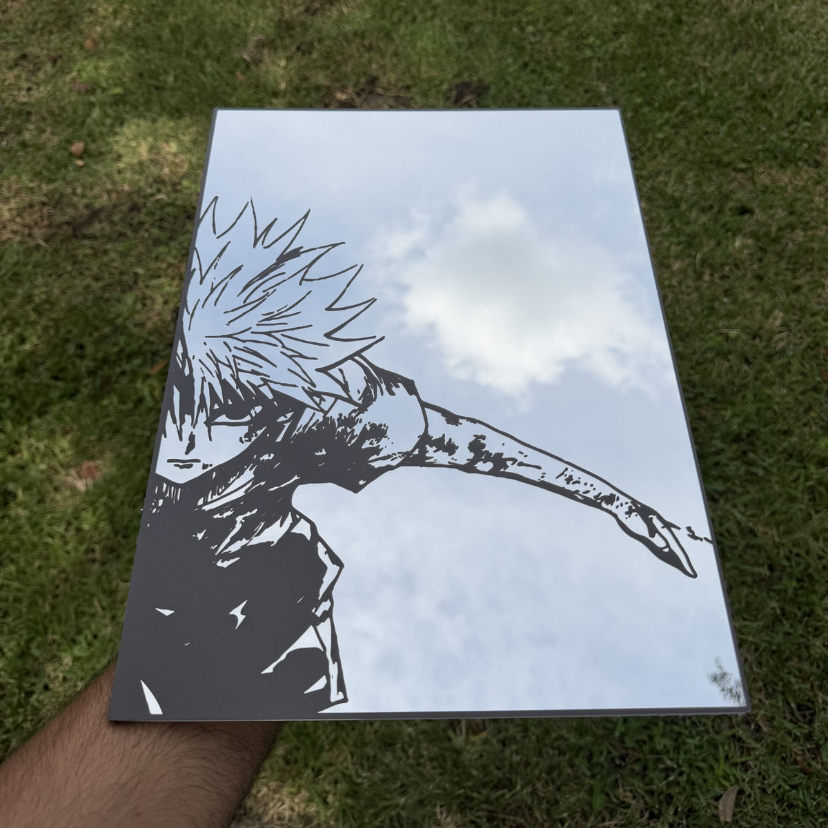 Godspeed Mirror, Hunter x Hunter wall mirror, held in hand for scale
