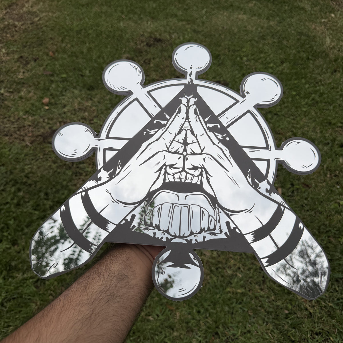 Malevolent Shrine Mirror, Jujutsu Kaisen wall mirror, held in hand for scale
