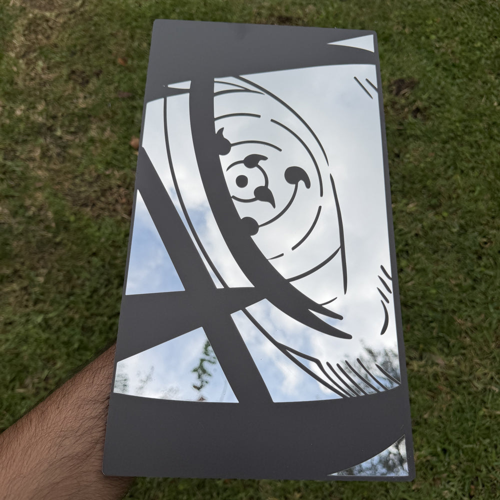 Mangekyo Spiral Mirror, Naruto wall mirror, held in hand for scale