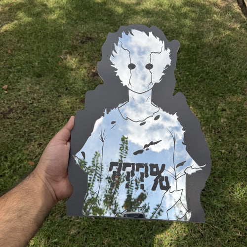 ???% Mirror, Mob Psycho 100 wall mirror, held in hand for scale