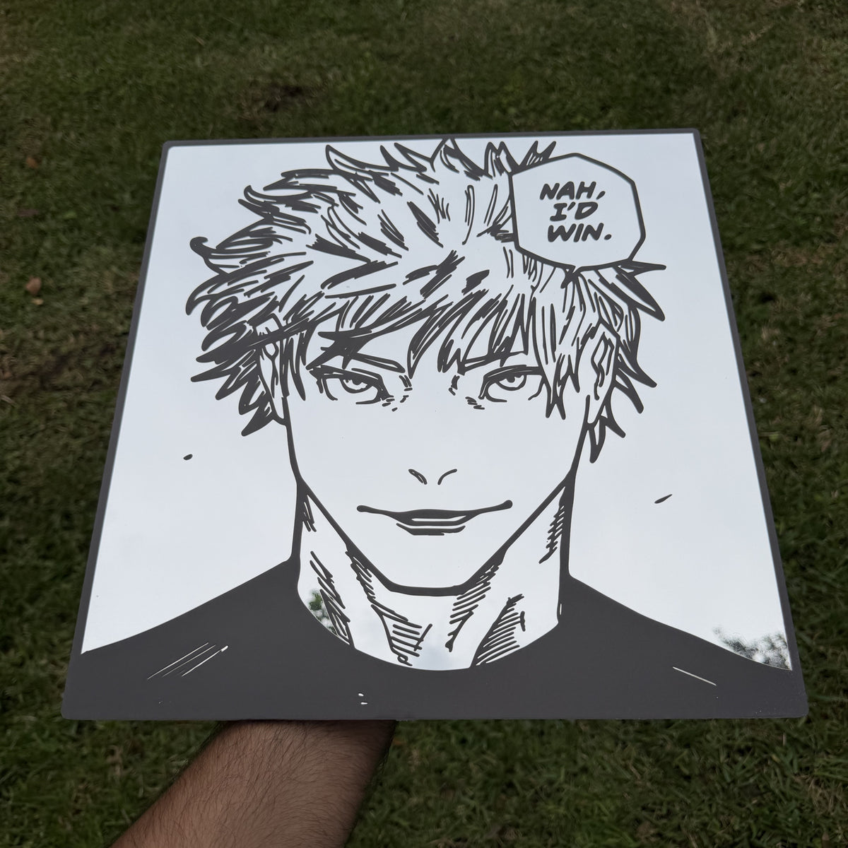 Nah I'D Win Mirror, Jujutsu Kaisen wall mirror, held in hand for scale