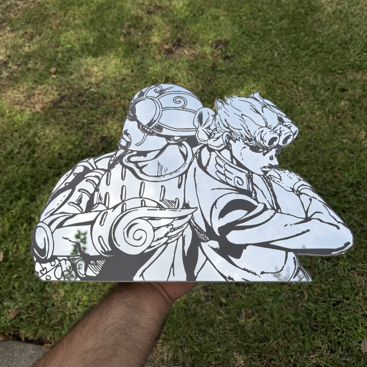 Steel Ball Duo Mirror, JoJo's Bizarre Adventure wall mirror, held in hand for scale