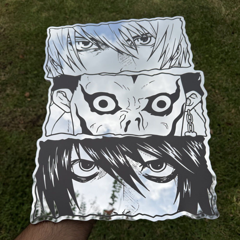 Three Gazes Mirror, Death Note wall mirror, held in hand for scale