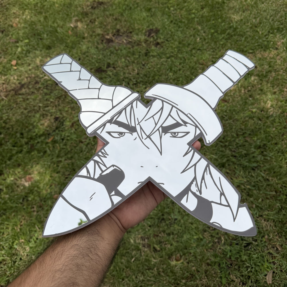 Twin Daggers Mirror, Vinland Saga wall mirror, held in hand for scale